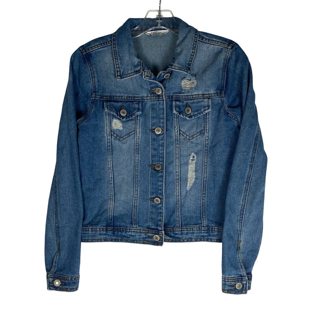 1511 Inc Distressed Denim Trucker Blue Jean Jacket Womens S Grunge Streetwear
